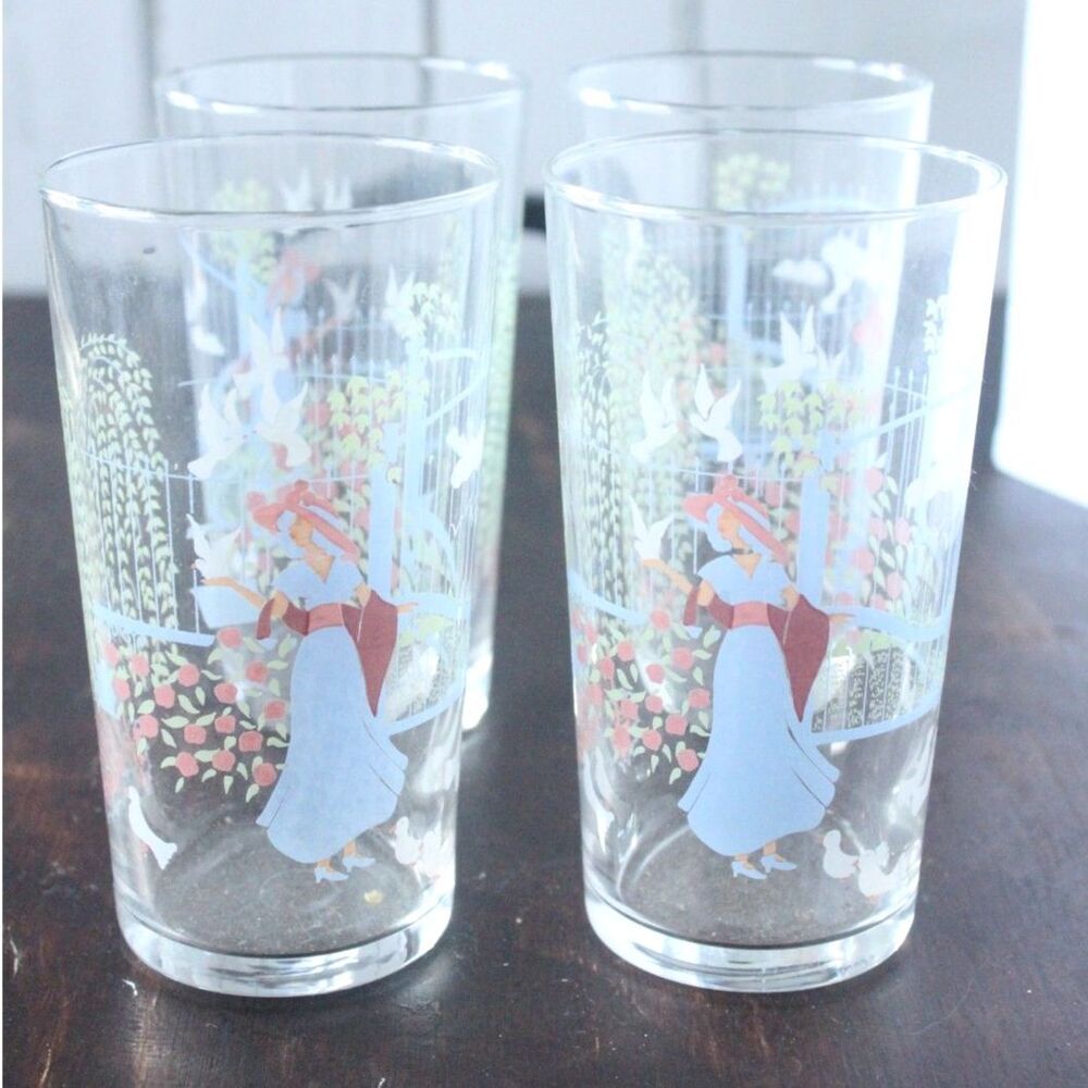 Set of 4 Vintage Woman with Doves Drinking Glasses